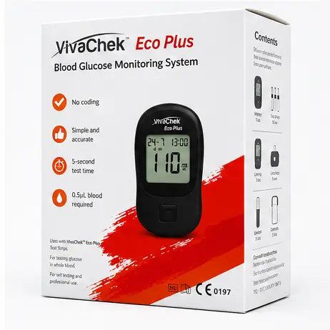 VivaChek Eco Plus Blood Glucose Monitoring System retail box, showing the black handheld glucose meter pictured on the front, with white packaging and red graphic accents.